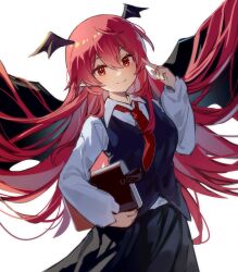 Rule 34 | 1girl, bat wings, black skirt, black vest, book, breasts, closed mouth, cowboy shot, dot nose, fang, fang out, floating hair, hair between eyes, hair flowing over, hand up, head wings, highres, holding, holding book, index finger raised, koakuma, light blush, light smile, long hair, long sleeves, looking at viewer, maisuiren, medium breasts, necktie, red eyes, red hair, red necktie, skirt, skirt set, solo, spread wings, touhou, very long hair, vest, wing collar, wings