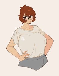 Rule 34 | 1girl, absurdres, breasts, brown background, brown eyes, brown hair, collarbone, commentary, english commentary, glasses, grey shirt, grey shorts, hands on own hips, highres, huge breasts, looking to the side, original, shirt, shirt tucked in, short hair, shorts, snowcie, snowciel, solo