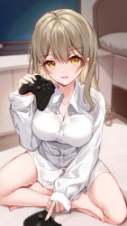 Rule 34 | 1girl, aki rinco, barefoot, bed, bison cangshu, breasts, brown hair, cleavage, collared shirt, commentary request, controller, dress shirt, flat screen tv, game controller, hair between eyes, hand up, highres, holding, indoors, long hair, long sleeves, looking at viewer, medium breasts, on floor, pillow, project-sp, shirt, sleeves past wrists, solo, television, virtual youtuber, white shirt, yellow eyes