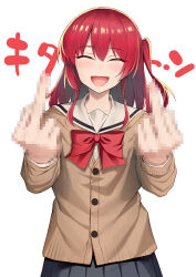 Rule 34 | 1girl, :d, ^ ^, bad id, bad pixiv id, bocchi the rock!, censored, censored gesture, closed eyes, double middle finger, kita ikuyo, middle finger, mosaic censoring, nani ga warui, one side up, open mouth, red hair, sailor collar, school uniform, smile, solo, umihotaru harumare, upper body, white background