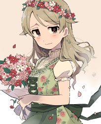 Rule 34 | 1girl, ai nige, alternate costume, apron, bare arms, blush, bouquet, brown eyes, commentary request, cross-laced clothes, dirndl, dress, earrings, floral print, flower, flower earrings, flower wreath, german clothes, gradient background, green dress, hair down, head wreath, highres, idolmaster, idolmaster cinderella girls, jewelry, light brown hair, light smile, long hair, looking at viewer, morikubo nono, petals, puffy sleeves, short sleeves, simple background, solo, tearing up, traditional clothes, turtleneck, upper body, white background