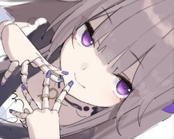 Rule 34 | 1girl, brown hair, buran buta, choker, close-up, closed mouth, clothing cutout, doll joints, dress, fingernails, herta (honkai: star rail), highres, honkai: star rail, honkai (series), jewelry, joints, key, key necklace, long hair, long sleeves, looking at viewer, nail polish, necklace, purple eyes, shoulder cutout, simple background, smile, solo, upper body, very long hair, white background