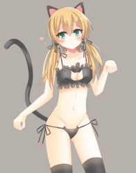Rule 34 | 10s, 1girl, :o, animal ears, black bra, black thighhighs, blonde hair, blush, bra, breasts, cat ear panties, cat ears, cat lingerie, cat tail, cleavage, cleavage cutout, clothing cutout, grey background, heart, kantai collection, kemonomimi mode, long hair, meme attire, navel, panties, paw pose, prinz eugen (kancolle), shi6kurutto, side-tie panties, simple background, solo, tail, thighhighs, twintails, underwear