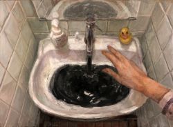 Rule 34 | bathroom, fate/grand order, fate (series), faucet, faux traditional media, horror (theme), mirror, pov, pov hands, reflection, rubber duck, sink, soap bottle, solo, t0da, tile wall, tiles, water