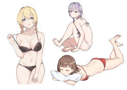 Rule 34 | + +, 3girls, :p, absurdres, ass, bikini, black bikini, blonde hair, blush, braid, breast press, breasts, brown hair, character request, closed eyes, collarbone, dimples of venus, feet up, hair between eyes, hair ornament, hairclip, highres, jiliang jiying yumao, large breasts, light purple hair, low twintails, lying, medium breasts, multiple girls, nanami (virtuareal), navel, nijisanji, on stomach, pillow, purple eyes, red bikini, simple background, sitting, standing, strap pull, swimsuit, tongue, tongue out, twin braids, twintails, virtual youtuber, virtuareal, white background, white bikini, yukie (virtuareal)