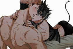 Rule 34 | 2boys, ass, black hair, black nails, black shorts, blush, brown eyes, commentary request, demon boy, demon horns, demon tail, demon wings, eyelashes, fushiguro megumi, fushirun rung, green eyes, hand on another&#039;s neck, highres, horns, itadori yuuji, jujutsu kaisen, korean commentary, looking at another, lying, male focus, multiple boys, muscular, muscular male, nail polish, open mouth, pants, pink hair, revealing clothes, short hair, shorts, spiked hair, tail, topless male, undercut, white background, wings, yaoi