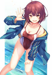 Rule 34 | 1girl, ahoge, atelier (series), atelier sophie, bent over, blush, breasts, cleavage, competition swimsuit, covered navel, fang, hand on own knee, highres, jacket, looking at viewer, medium breasts, one-piece swimsuit, open clothes, open jacket, open mouth, red eyes, red hair, short hair, skin fang, smile, solo, sophie neuenmuller, swimsuit, track jacket, two-tone swimsuit, water, waving, yanu
