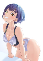 Rule 34 | 1girl, arched back, arm support, ass, bikini, breasts, butt crack, cleavage, collarbone, highres, hori shin, looking at viewer, medium breasts, nijisanji, shizuka rin, short hair, smile, solo, swimsuit, virtual youtuber, white background, yellow eyes
