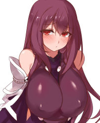 Rule 34 | 1girl, bad id, bad pixiv id, bare shoulders, blush, bodysuit, breasts, covered erect nipples, detached sleeves, embarrassed, fate/grand order, fate (series), huge breasts, long hair, looking at viewer, purple bodysuit, purple hair, red eyes, scathach (fate), sleeveless, solo, upper body, very long hair, yostxxx