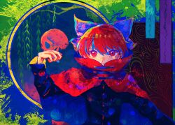 Rule 34 | 1girl, black shirt, blue bow, bow, cape, closed mouth, hair bow, itomugi-kun, long sleeves, looking at viewer, red cape, red eyes, red hair, sekibanki, shirt, short hair, skull, solo, touhou, upper body