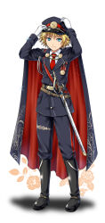 Rule 34 | 1boy, adjusting clothes, adjusting headwear, ano hito, belt, black cape, black jacket, blonde hair, blue eyes, boots, cape, commentary request, flower, full body, gloves, hat, jacket, knee boots, male focus, military, military hat, military uniform, necktie, original, red necktie, rose, sheath, sheathed, solo, sword, two-sided cape, two-sided fabric, uniform, weapon, white gloves