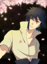 Rule 34 | 1boy, absurdres, arethusa smile, black background, black eyes, black hair, branch, brown background, cherry blossoms, closed mouth, collarbone, commentary, english commentary, floral background, flower, gradient background, hair between eyes, highres, looking to the side, male focus, naruto, naruto (series), petals, pink flower, shirt, short hair, short sleeves, solo, standing, uchiha sasuke, v-shaped eyebrows, white shirt