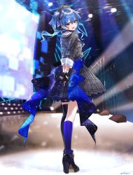 Rule 34 | 1girl, absurdres, ankle boots, asymmetrical hair, asymmetrical legwear, beret, black gloves, black socks, blue bow, blue eyes, blue hair, blue ribbon, blue socks, blush, boots, bow, bracelet, breasts, commentary, concert, cowlick, crown, from behind, full body, gloves, grey hat, grey jacket, grey skirt, hair between eyes, hair ribbon, hat, high heel boots, high heels, highres, holding, holding microphone, hololive, hoshimachi suisei, hoshimachi suisei (1st costume), jacket, jazztaki, jewelry, kneehighs, large bow, light blue hair, looking at viewer, looking back, medium hair, microphone, mini crown, miniskirt, mismatched legwear, open mouth, partially fingerless gloves, plaid, plaid headwear, plaid jacket, plaid skirt, pleated skirt, ribbon, screen, side ponytail, signature, single kneehigh, single sock, single thighhigh, skirt, small breasts, smile, socks, solo, stage, stage lights, standing, star (symbol), star in eye, starry sky print, striped ribbon, symbol in eye, thighhighs, tilted headwear, virtual youtuber