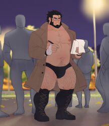 Rule 34 | 1boy, abs, absurdres, bandaged arm, bandages, bara, bare pectorals, beard, belly, benry (rexy535), black hair, boots, briefs, bulge, commission, cross-laced footwear, crowd, facial hair, full beard, ghangaji, highres, holding, holding notebook, holding pen, large pectorals, male focus, male underwear, mature male, muscular, muscular male, mustache stubble, navel, navel hair, nipples, notebook, original, parted lips, pectorals, pen, second-party source, short hair, solo focus, stomach, strongman waist, stubble, thick beard, thick eyebrows, underwear, wrestling outfit