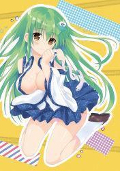 Rule 34 | 1girl, abstract background, blush, breast hold, breasts, cleavage, detached sleeves, frog hair ornament, green hair, hair ornament, head rest, kneeling, kochiya sanae, large breasts, loafers, long hair, looking at viewer, open clothes, open shirt, panties, pantyshot, pink panties, plaid, shiny skin, shirt, shoes, skirt, smile, snake hair ornament, socks, solo, star (symbol), striped, touhou, tsukiji, underwear, upskirt, very long hair, yellow background, yellow eyes
