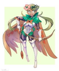 Rule 34 | 1girl, :d, alternate costume, arrow (projectile), bodysuit, bodysuit under clothes, boots, bow (weapon), breasts, commentary request, cosplay, creatures (company), decidueye, decidueye (cosplay), floating hair, flower, full body, game freak, gen 7 pokemon, gloves, green eyes, green hair, hair flower, hair ornament, highres, holding, holding arrow, holding bow (weapon), holding weapon, leotard, long hair, looking to the side, mallow (pokemon), nintendo, oomasa teikoku, open mouth, pink flower, pokemon, pokemon sm, skin tight, smile, solo, swept bangs, teeth, thigh boots, thighhighs, tongue, twintails, upper teeth only, weapon, white footwear, white gloves, white leotard
