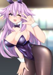 Rule 34 | 1girl, adult neptune, animal ears, blush, breasts, brown pantyhose, cleavage, dura, fake animal ears, hair ornament, highres, large breasts, leotard, long hair, looking at viewer, neptune (series), one eye closed, open mouth, pantyhose, playboy bunny, purple eyes, purple hair, rabbit ears, shin jigen game neptune vii, smile, solo, v, wrist cuffs