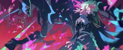 Rule 34 | 1boy, armor, ascot, dual persona, felicia chen, fire, gloves, green hair, hair over one eye, half gloves, highres, lio fotia, mad burnish, male focus, pink fire, promare, purple eyes, purple fire, pyrokinesis, sword, triangle, weapon