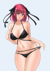 Rule 34 | 1girl, aori sora, bikini, black bikini, black ribbon, blue eyes, blunt bangs, blush, breasts, butterfly hair ornament, collarbone, frown, go-toubun no hanayome, groin, hair ornament, highres, large breasts, looking at viewer, nakano nino, navel, panties, panty pull, pink hair, ribbon, simple background, stomach, swimsuit, thick thighs, thighs, twintails, underwear, v-shaped eyebrows