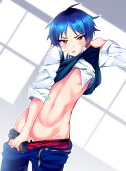 Rule 34 | 1boy, bad id, bad pixiv id, belt, blue hair, blush, clothes lift, clothes pull, groin, male focus, midriff, minemura, original, pants, pants pull, pectorals, pulled by self, shirt lift, solo, trap, yellow eyes