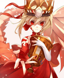 Rule 34 | 1girl, bandages, blonde hair, chalice, collarbone, crown, cup, dragon tail, facial mark, fate/grand order, fate (series), genshu doki, halterneck, highres, looking at viewer, nero claudius (fate), nero claudius (fate) (all), outstretched arm, parted lips, queen draco (fate), red eyes, side slit, solo, tail, wind