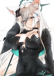 Rule 34 | 1girl, animal ear fluff, animal ears, black choker, black dress, black gloves, blue archive, blue eyes, breasts, choker, cleavage, cross hair ornament, dress, gloves, hair between eyes, hair ornament, half gloves, halo, highres, large breasts, long sleeves, looking at viewer, poharo, shiroko (blue archive), shiroko terror (blue archive), simple background, solo, white background, white hair