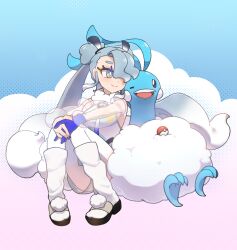 Rule 34 | 1girl, absurdres, altaria, blue gloves, blue hair, blue nails, cloud, creatures (company), detached sleeves, double bun, eyelashes, flying miku (project voltage), game freak, gen 3 pokemon, gloves, hair bun, hair over one eye, hatsune miku, highres, loikomax, long hair, multicolored eyes, nail polish, nintendo, poke ball, pokemon, pokemon (creature), project voltage, single glove, smile, twintails, very long hair, vocaloid, wind chime