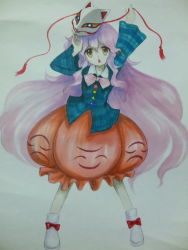 Rule 34 | 1girl, arms up, bad id, bad pixiv id, bow, bubble skirt, empty eyes, expressionless, fox mask, frilled skirt, frills, hata no kokoro, long hair, long sleeves, looking at viewer, mask, official style, open mouth, parody, photo (medium), pink hair, plaid, plaid shirt, shirt, shu (loveeater), shu (pixiv2361016), simple background, skirt, solo, star (symbol), style parody, tassel, touhou, traditional media, triangle, very long hair, white background, yellow eyes, zun (style)