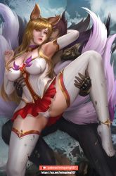 Rule 34 | 1boy, 1girl, ahri (league of legends), blonde hair, breasts, choker, goatwillow, highres, large breasts, league of legends, no shoes, panties, sett (league of legends), star guardian (league of legends), star guardian ahri, tail, thighhighs, underwear, white panties, yellow eyes