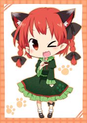 Rule 34 | &gt; &lt;, 1girl, absurdres, animal ears, blush, braid, cat ears, cat girl, chibi, extra ears, closed eyes, female focus, highres, kaenbyou rin, one eye closed, open mouth, red eyes, red hair, solo, touhou, twin braids, wink, yamabuki (yusuraume)