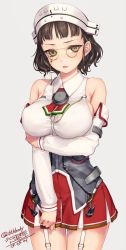 Rule 34 | 10s, 1girl, artist name, bare shoulders, breast hold, breasts, brown eyes, brown hair, cowboy shot, dated, detached sleeves, eyewear strap, female focus, garter straps, glasses, grey background, hat, kantai collection, large breasts, pince-nez, rokuwata tomoe, roma (kancolle), short hair, simple background, skirt, solo, twitter username