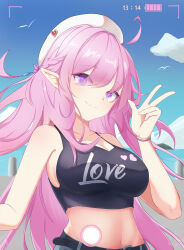 Rule 34 | 1girl, absurdres, ahoge, armpits, bare shoulders, belt, bird, black shirt, breasts, cleavage, cloud, cloudy sky, collarbone, dry1115769981, elf, elysia (herrscher of human:ego) (honkai impact), elysia (honkai impact), english text, hair ornament, hand up, hat, heart, highres, honkai (series), honkai impact 3rd, large breasts, long hair, looking at viewer, midriff, navel, pink eyes, pink hair, pink pupils, pointy ears, shirt, sky, sleeveless, smile, timestamp, very long hair, viewfinder, white hat