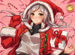 Rule 34 | 1girl, adapted costume, blush, box, candy, candy cane, christmas ornaments, closed mouth, fire emblem, fire emblem awakening, food, fur trim, gift, gift box, grey hair, hat, kamu (kamuuei), long sleeves, lying, mittens, nintendo, on back, pom pom (clothes), red hat, red mittens, robin (female) (fire emblem), robin (fire emblem), santa hat, smile, solo, twintails, upper body