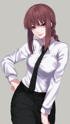 Rule 34 | 1girl, black necktie, black pants, braid, breasts, brown hair, chainsaw man, commentary request, formal, grey background, large breasts, long hair, looking at viewer, makima (chainsaw man), necktie, pants, re (re 09), shirt, simple background, smile, solo, white shirt