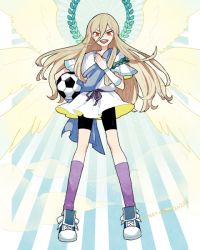 Rule 34 | 1boy, afuro terumi, angel wings, armband, ball, bike shorts, inazuma eleven, inazuma eleven (series), l hakase, long hair, looking at viewer, male focus, multiple wings, open mouth, seraph, soccer ball, solo, telstar, wings, zeus (inazuma eleven)