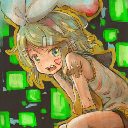 Rule 34 | 1girl, bandaid, bandaid on arm, bare shoulders, black sailor collar, black shorts, black sleeves, blonde hair, blouse, bow, broiler, colored eyelashes, detached sleeves, facial mark, fang, green eyes, hair bow, hair ornament, hairclip, headset, heart, heart facial mark, kagamine rin, leaning forward, looking at viewer, looking to the side, multicolored background, open mouth, sailor collar, shirt, short hair, shorts, sitting, sleeveless, sleeveless shirt, solo, square, vocaloid, white bow, white shirt