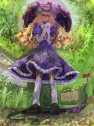 Rule 34 | 1girl, backlighting, bad id, bad pixiv id, black footwear, bow, bush, closed eyes, dappled sunlight, dress, elbow gloves, fancy pop seijin, frilled dress, frills, from below, full body, gap (touhou), gloves, grass, hair bow, hat, hat ribbon, highres, holding, holding umbrella, kneehighs, long hair, mary janes, messy hair, mob cap, nature, puffy short sleeves, puffy sleeves, purple dress, red eyes, ribbon, shaded face, shoes, short sleeves, sign, smile, socks, solo, space, standing, sunlight, touhou, translated, tree, tree shade, umbrella, very long hair, warning sign, white gloves, white socks, yakumo yukari