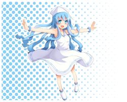 Rule 34 | binsen, blue eyes, blue hair, dress, hat, ikamusume, long hair, outstretched arms, shinryaku! ikamusume, solo, spread arms, tentacle hair