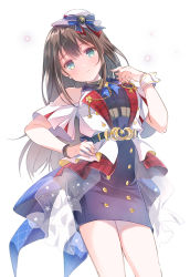 Rule 34 | 1girl, bare shoulders, bow, bowtie, brown hair, buttons, earrings, eyebrows hidden by hair, green eyes, hand on own hip, hat, idolmaster, idolmaster cinderella girls, idolmaster poplinks, jacket, jewelry, long hair, looking at viewer, moon (ornament), satou satoru, shibuya rin, simple background, smile, solo, star (symbol), white background, wrist cuffs