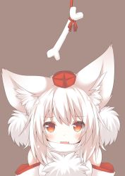 Rule 34 | 1girl, animal ear fluff, animal ears, bait, bare shoulders, bone, brown background, commentary request, daidai ookami, detached sleeves, dress, fang, hair between eyes, hat, inubashiri momiji, looking up, mini hat, open mouth, pom pom (clothes), red eyes, red hat, saliva, shirt, simple background, sleeveless, sleeveless shirt, solo, tokin hat, touhou, turtleneck, wavy mouth, white hair, white shirt, white sleeves, wolf ears, wolf girl