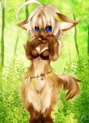 Rule 34 | 1girl, ahoge, blonde hair, blue eyes, blush, bottomless, breasts, cleavage, fang, female focus, forest, furry, furry female, looking at viewer, multicolored hair, nature, no panties, open mouth, outdoors, plant, solo, standing, tashiro yuu, tree