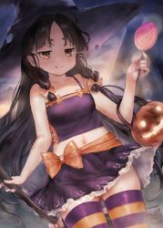Rule 34 | 1girl, basket, black hair, black hat, black skirt, blush, brown eyes, candy, closed mouth, collarbone, cowboy shot, food, halloween, halloween costume, hat, holding, holding candy, holding food, holding lollipop, kantai collection, lollipop, long hair, navel, nisshin (kancolle), sidelocks, skirt, smile, solo, striped clothes, striped thighhighs, thighhighs, toka (marchlizard), very long hair, witch hat