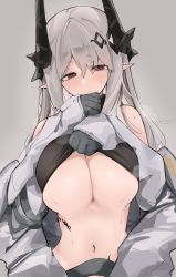 Rule 34 | 1girl, arknights, blush, breasts, coat, crop top lift, demon horns, ear piercing, gloves, grey background, grey gloves, grey hair, hair ornament, highres, horns, huge breasts, long hair, long sleeves, looking at viewer, material growth, mikozin, mudrock (arknights), navel, off shoulder, open clothes, open coat, oripathy lesion (arknights), piercing, pointy ears, red eyes, simple background, solo, sweat, underboob, upper body, white coat