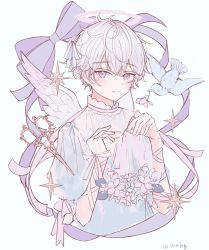 Rule 34 | 1boy, absurdres, angel, angel wings, blue flower, blue theme, closed mouth, flower, grey eyes, halo, highres, looking at viewer, niufog, original, scissors, shirt, short hair, short sleeves, smile, solo, star (symbol), white background, white hair, white shirt, wings