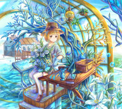 Rule 34 | 1girl, basket, blonde hair, blue gloves, blush, book, brown eyes, bubble, chair, closed mouth, collarbone, gloves, hanging plant, hat, kutsunohito, lamp, looking at viewer, original, outdoors, scenery, short hair, sitting, smile, solo, table, thighhighs, water, white thighhighs