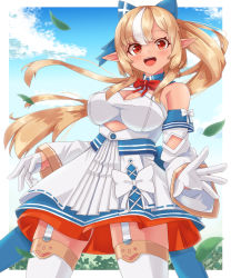 Rule 34 | 1girl, :d, bare shoulders, blonde hair, blue bow, blue sky, blush, bow, breasts, cleavage, cloud, commentary request, dark-skinned female, dark skin, day, detached sleeves, dress, fuyuki8208, garter straps, gloves, hair between eyes, hair bow, half gloves, highres, hololive, long hair, long sleeves, looking at viewer, medium breasts, multicolored hair, open mouth, pointy ears, ponytail, red eyes, shiranui flare, shiranui flare (1st costume), sky, sleeves past wrists, smile, solo, standing, streaked hair, thighhighs, very long hair, virtual youtuber, white dress, white gloves, white hair, white thighhighs