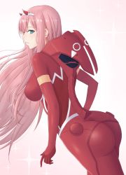 Rule 34 | 10s, 1girl, aqua eyes, ass, bodysuit, breasts, darling in the franxx, dutch angle, gradient background, hair between eyes, highres, horns, long hair, looking at viewer, looking to the side, medium breasts, minoshi, parted lips, pilot suit, pink background, pink hair, profile, red bodysuit, solo, sparkle, very long hair, zero two (darling in the franxx)