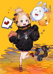 Rule 34 | 1girl, abigail williams (fate), abigail williams (traveling outfit) (fate), balloon, black bow, black jacket, blonde hair, blue eyes, blush, bow, commentary request, fate/grand order, fate (series), fou (fate), hair bow, hair bun, heart, heroic spirit traveling outfit, highres, holding, holding balloon, jacket, key, long hair, long sleeves, medjed (fate), hugging object, official alternate costume, open mouth, orange background, orange bow, parted bangs, polka dot, polka dot bow, round teeth, single hair bun, sleeves past fingers, sleeves past wrists, solo, sparkle, spoken heart, standing, standing on one leg, star (symbol), stuffed animal, stuffed toy, suction cups, teddy bear, teeth, tentacles, upper teeth only, yuu (higashi no penguin)