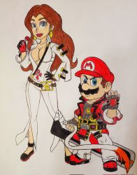 Rule 34 | 1boy, 1girl, blue eyes, breasts, brown hair, candy, cleavage, cosplay, crossover, donkey kong (1981 game), donkey kong (series), earrings, eyeshadow, facial hair, food, full body, gloves, guilty gear, guilty gear strive, hand on own hip, hat, highres, jack-o&#039; valentine, jewelry, lipstick, long hair, looking at viewer, makeup, mario, mario (series), mustache, nintendo, pauline (mario), serious, smile, sol badguy, standing, super mario bros. 1, sword, weapon
