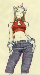 Rule 34 | 00s, 1girl, bare shoulders, bleed through, blonde hair, blue eyes, breasts, crop top, denim, elizabeth thompson, female focus, gorigo, hands in pockets, hands on own hips, hat, highres, jeans, long hair, marker (medium), midriff, navel, necktie, pants, scan, scan artifacts, simple background, small breasts, solo, soul eater, traditional media, turtleneck